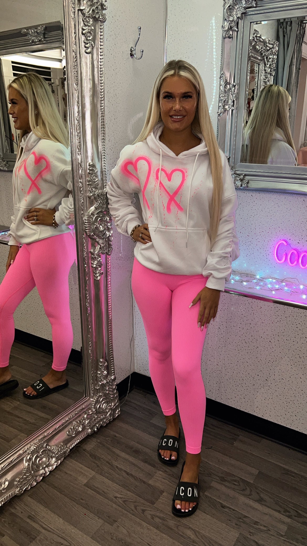 Neon Pink Made with Love Ruched Hoodie and Leggings Set
