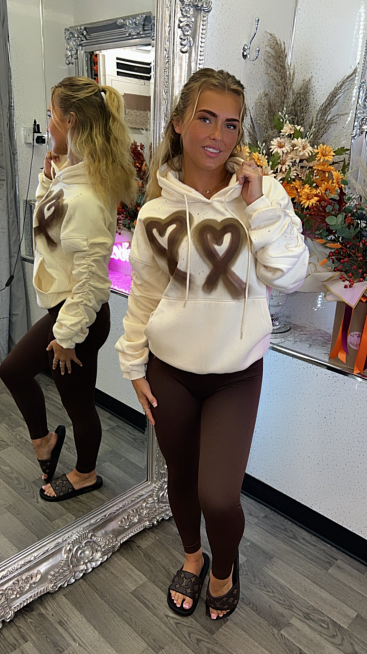 Ruched Hoodie Made With Love Set - Brown Hearts