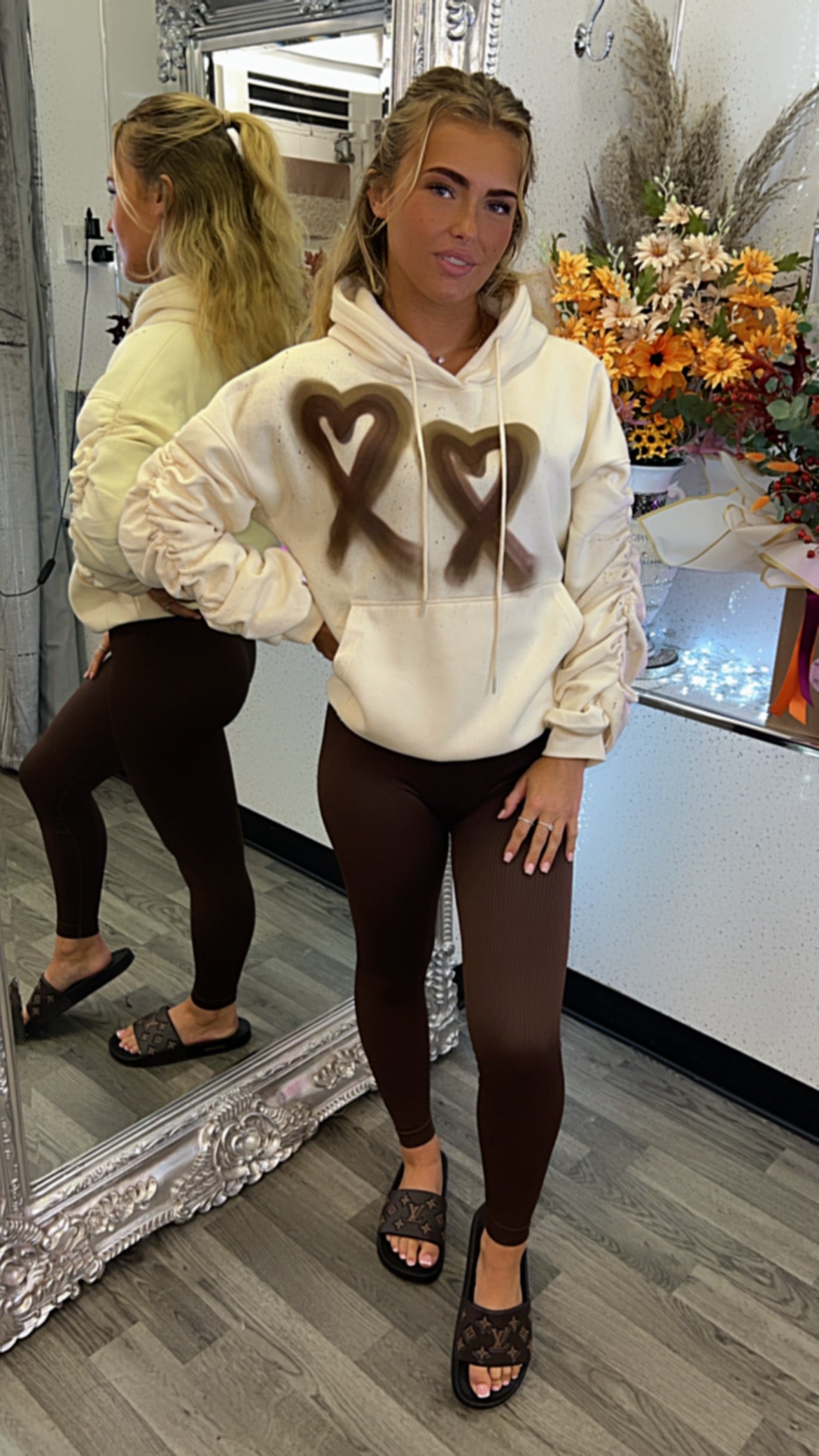 Ruched Hoodie Made With Love Set - Brown Hearts