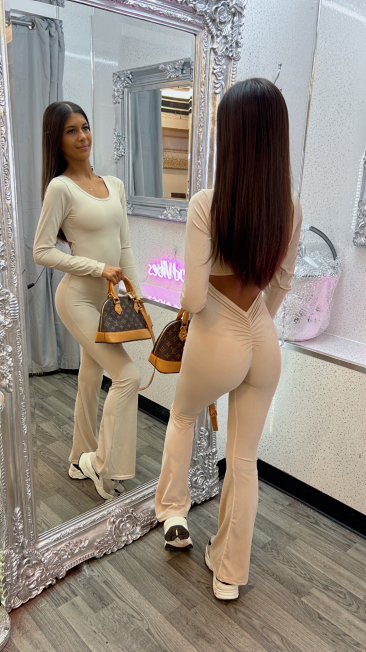 Ruched bum long sleeved flared leg Jumpsuit