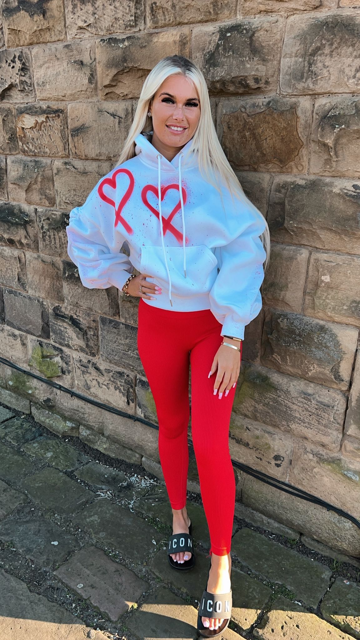 Made With Love Ruched Hoodie Set - Red hearts and leggings