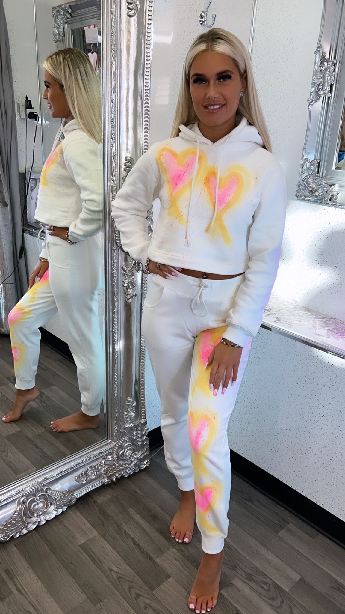 Easter Made With Love Ruched Hoodie Set - Yellow and Pink Hearts.