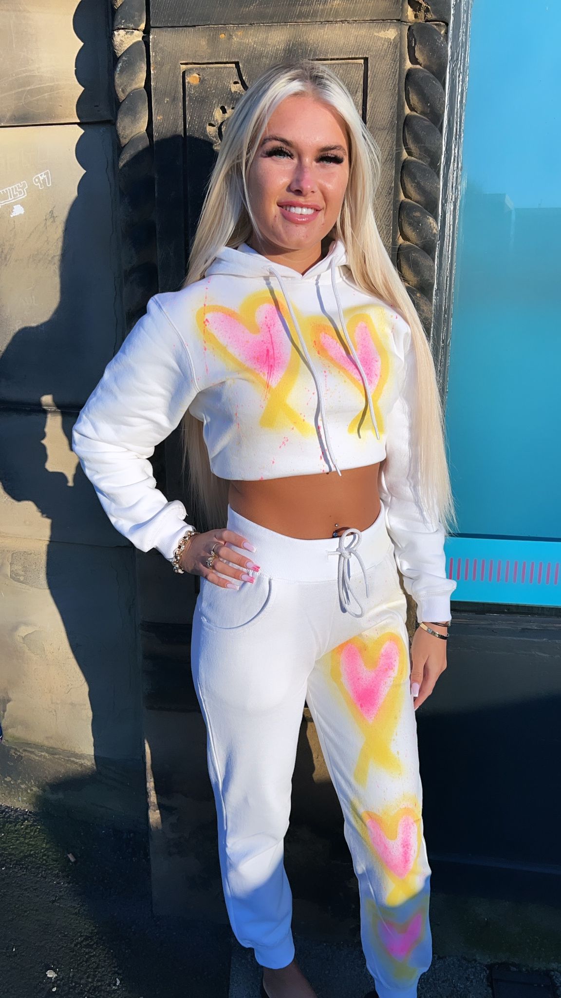 Easter Made With Love Ruched Hoodie Set - Yellow and Pink Hearts.