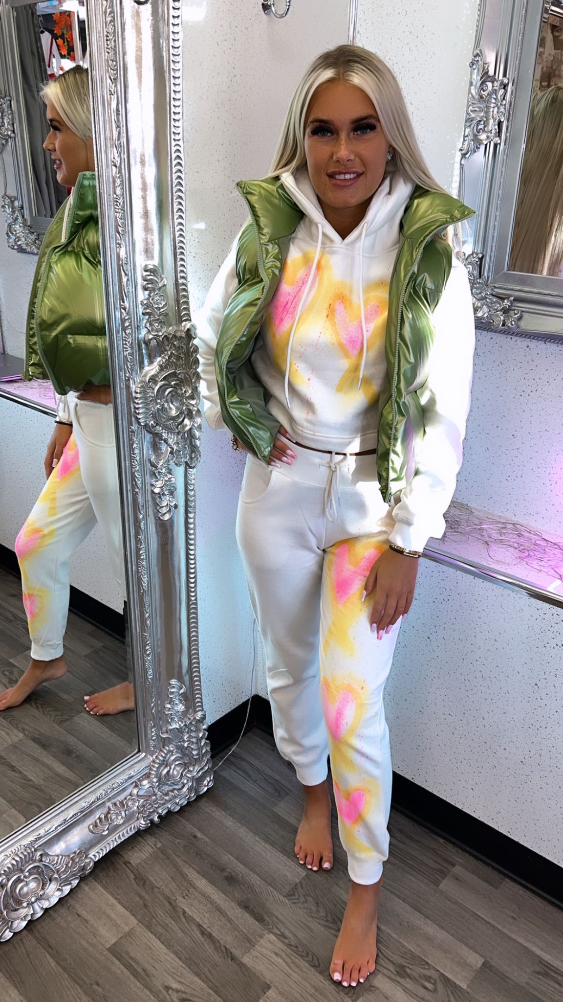 Easter Made With Love Ruched Hoodie Set - Yellow and Pink Hearts.