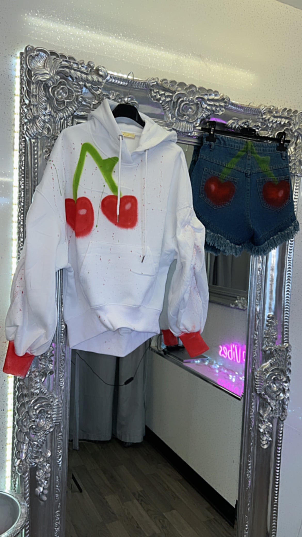 My Cherry Amour Limited Edition Handsprayed Distressed Blue Denim Shorts