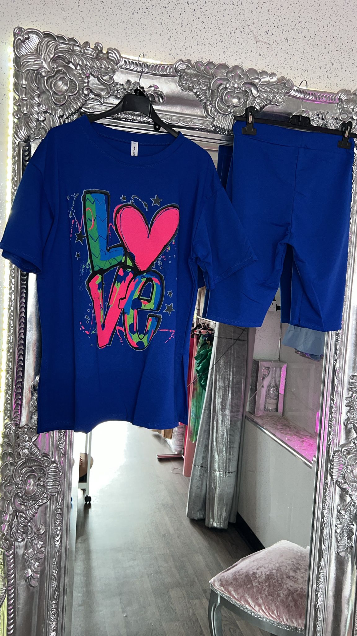 Love Printed Oversized Graffiti Style Graphic Tee and Cycling Shorts Set