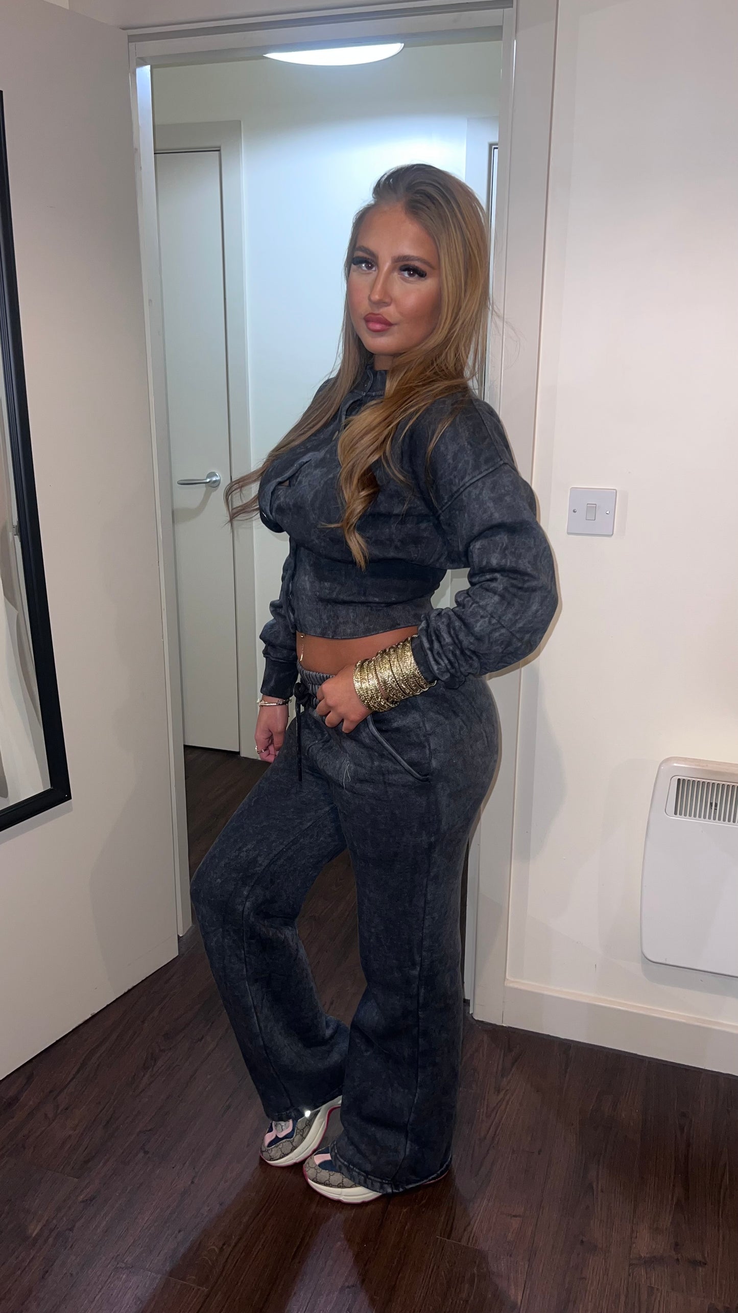 Acid wash cinched waisted lounge suit