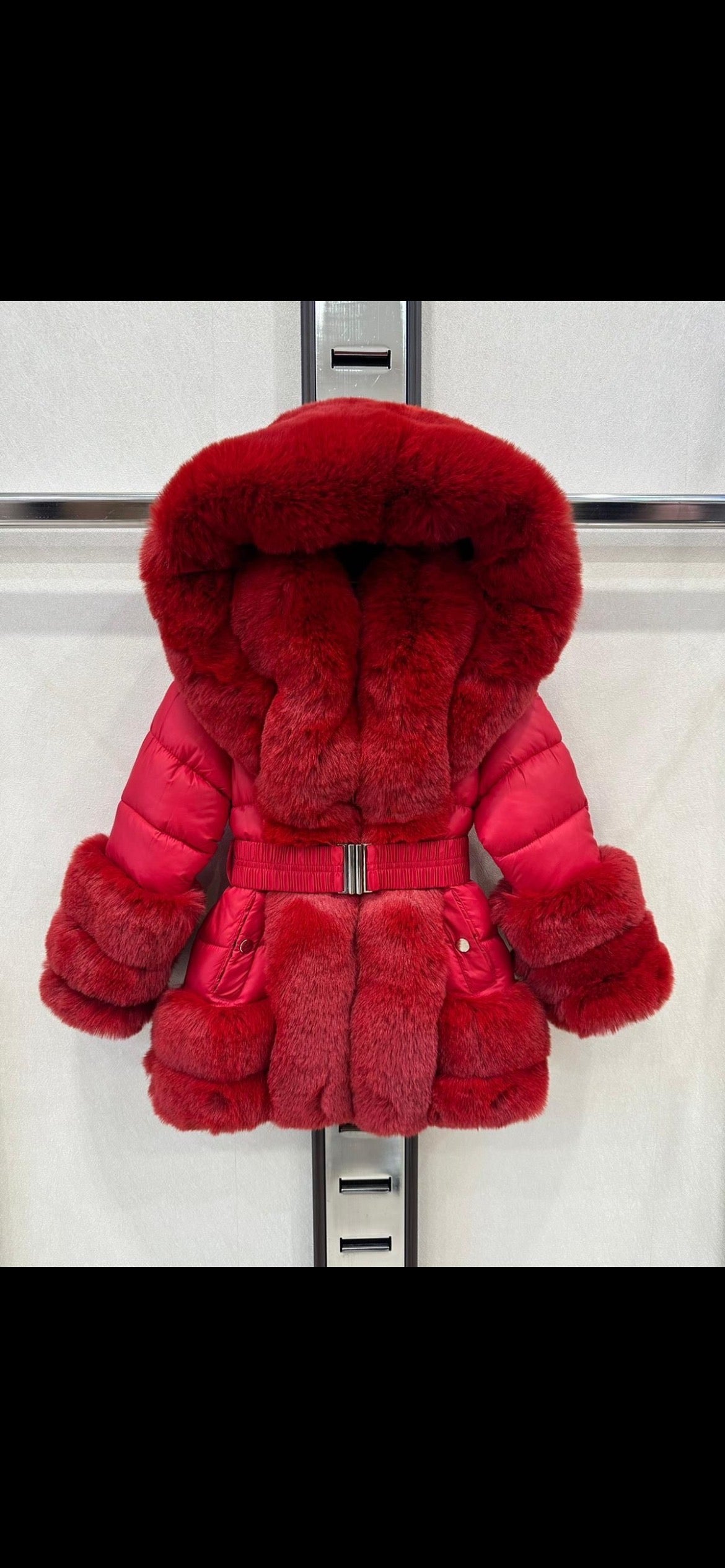 Lil Divas Hooded quilted Fur Coat with matching belt