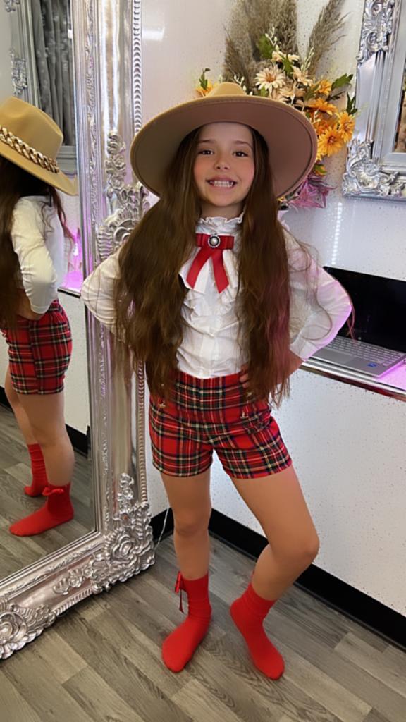 Lil Divas Co Ord White Ruffle Shirt And Tartan Shorts Two Piece Set