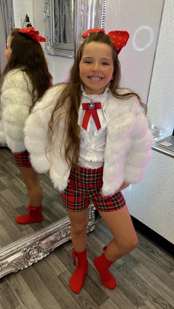 Lil Divas Co Ord White Ruffle Shirt And Tartan Shorts Two Piece Set