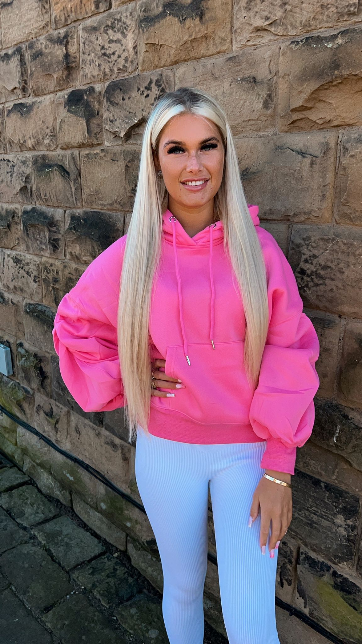 Bubblegum Pink Ruched Sleeve Hoodie and Leggings Set