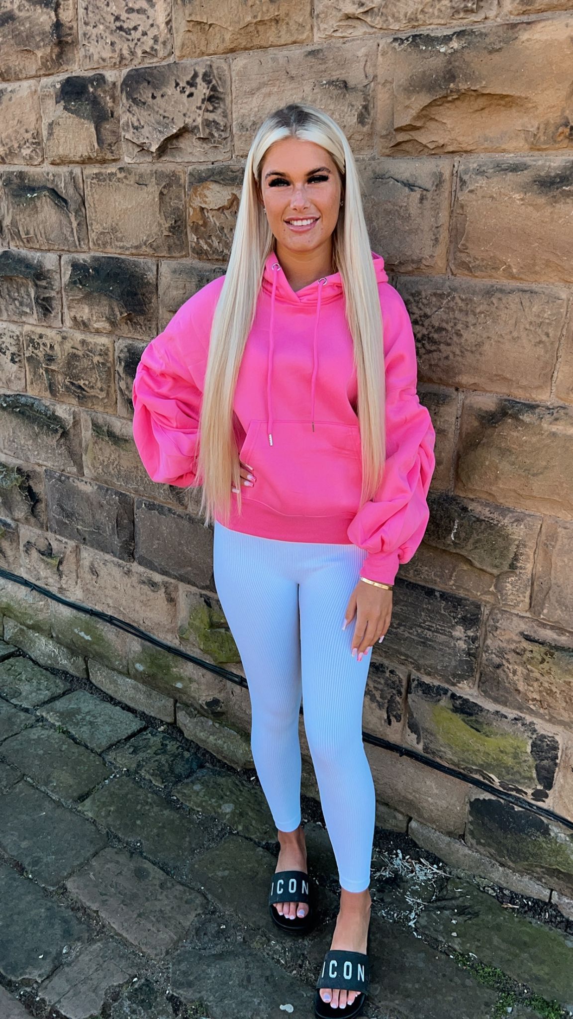 Bubblegum Pink Ruched Sleeve Hoodie and Leggings Set