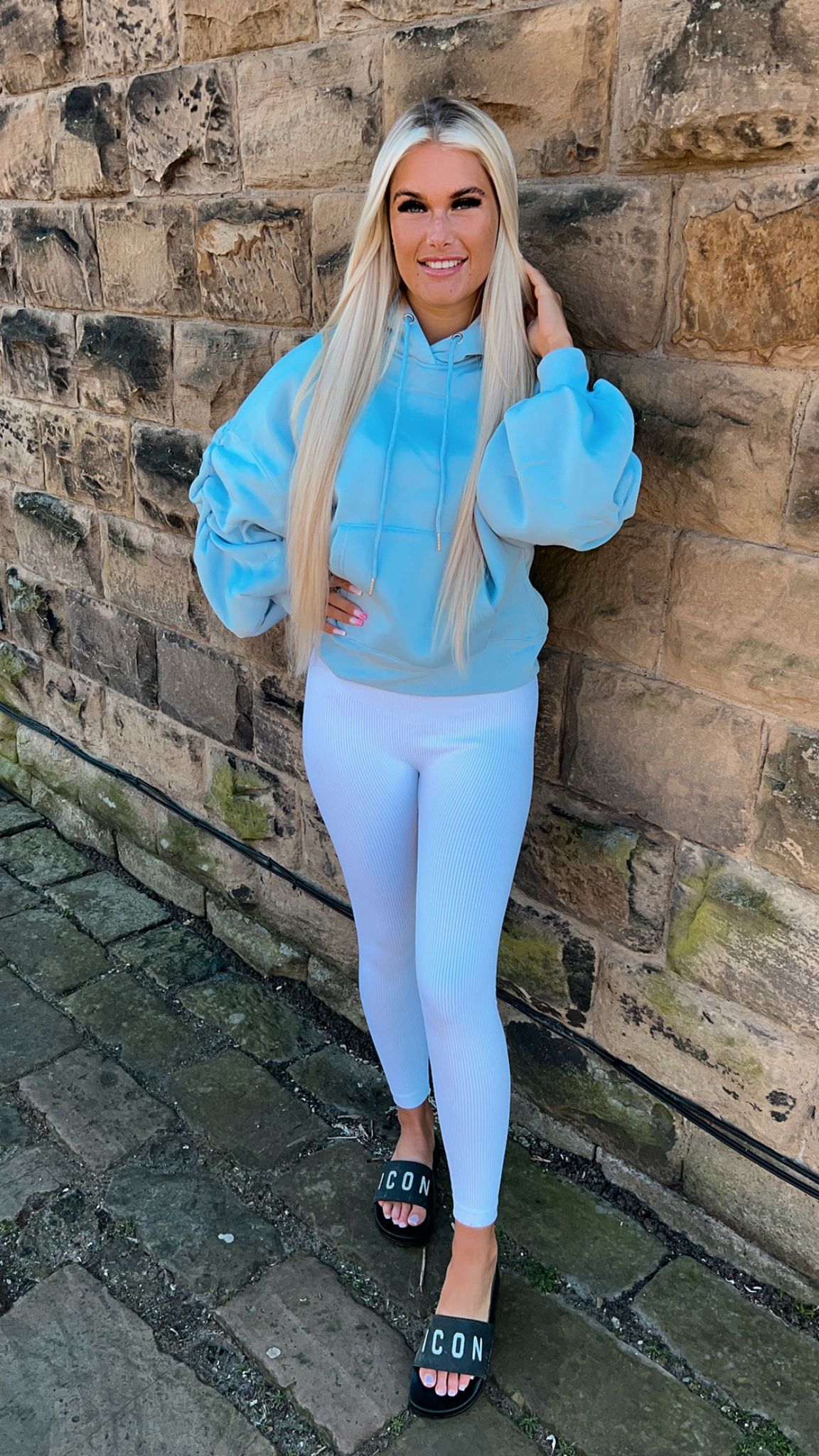 Baby Blue Ruched Sleeve Hoodie and Leggings Set