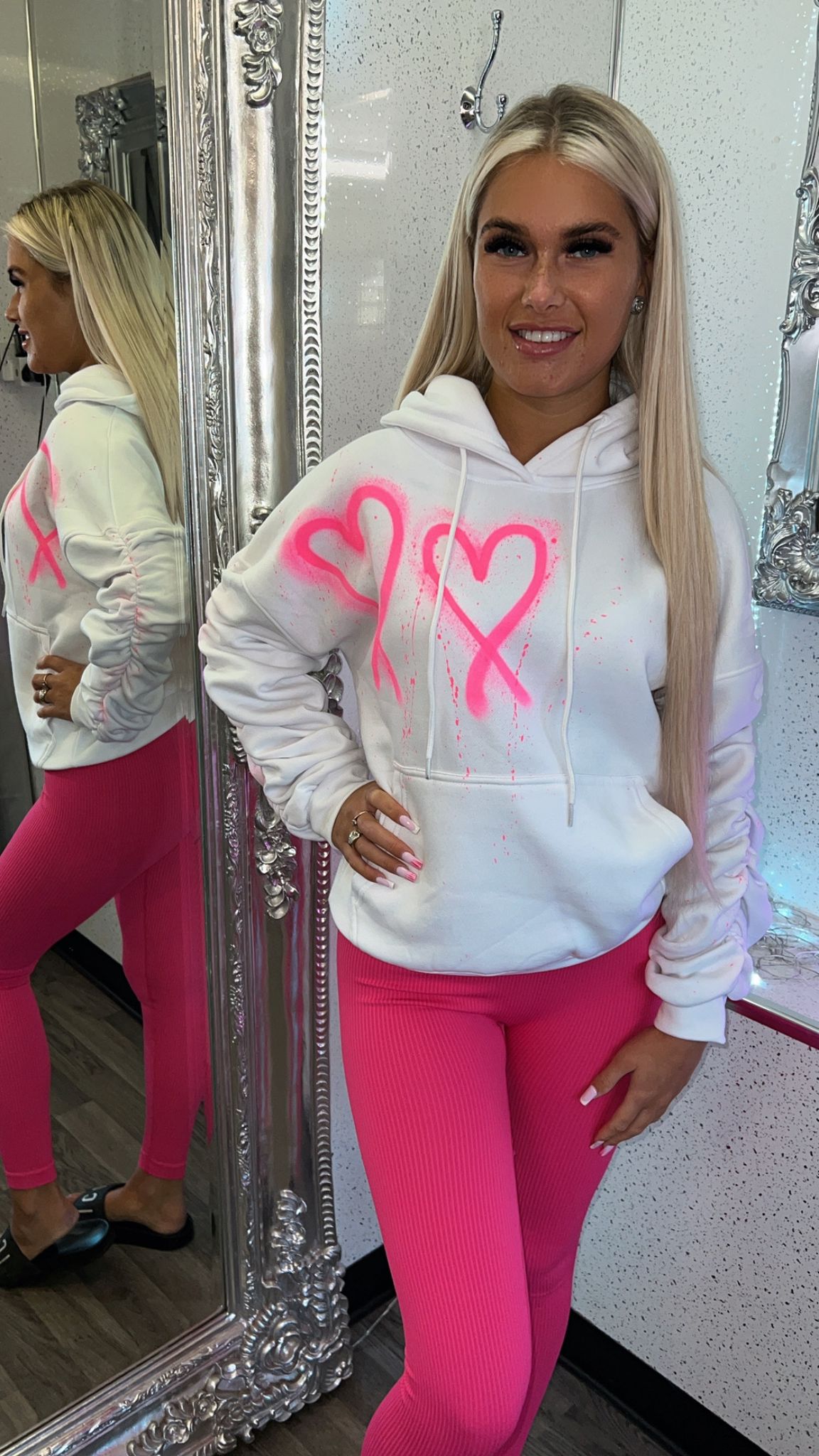Made With Love Ruched Hoodie Set - Hot Pink Hearts and Leggings
