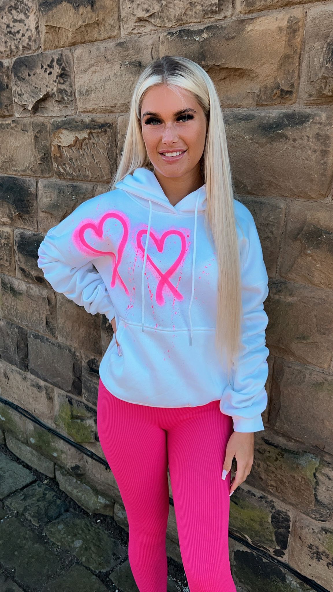 Made With Love Ruched Hoodie Set - Hot Pink Hearts and Leggings