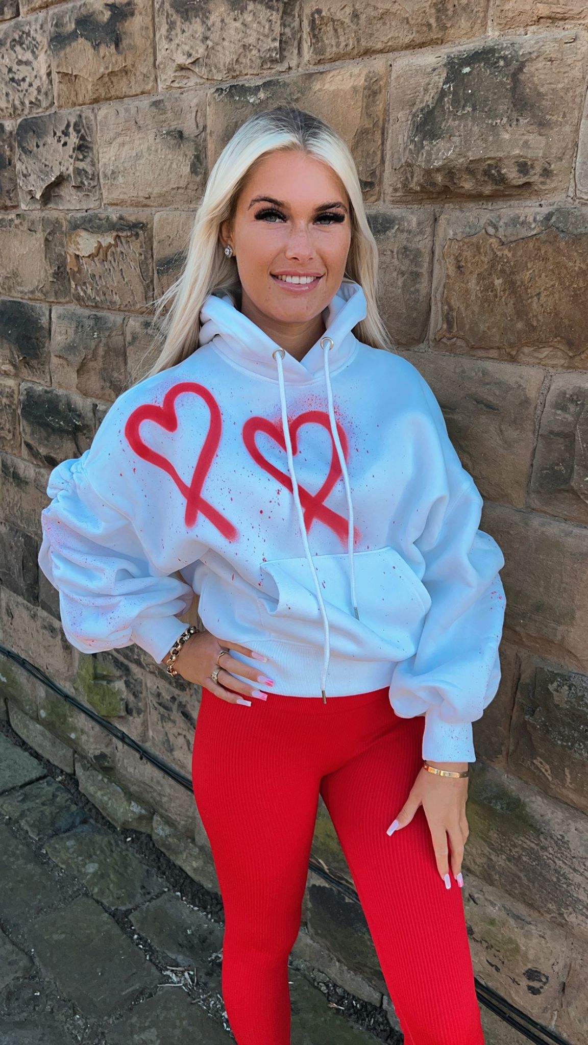 Made With Love Ruched Hoodie Set - Red hearts and leggings