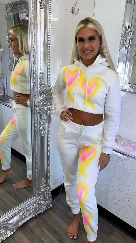 Easter Made With Love Ruched Hoodie Set - Yellow and Pink Hearts.
