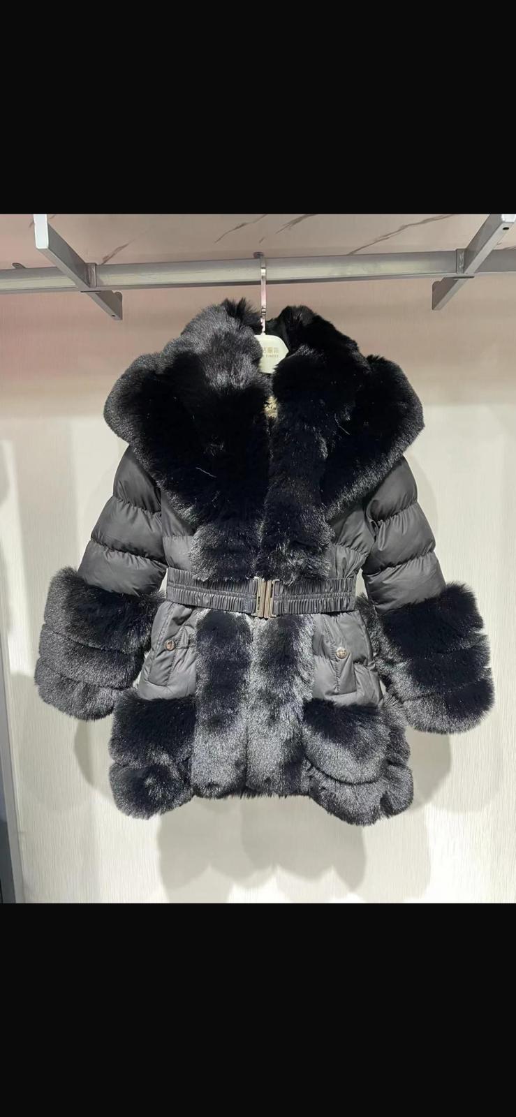 Lil Divas Hooded quilted Fur Coat with matching belt