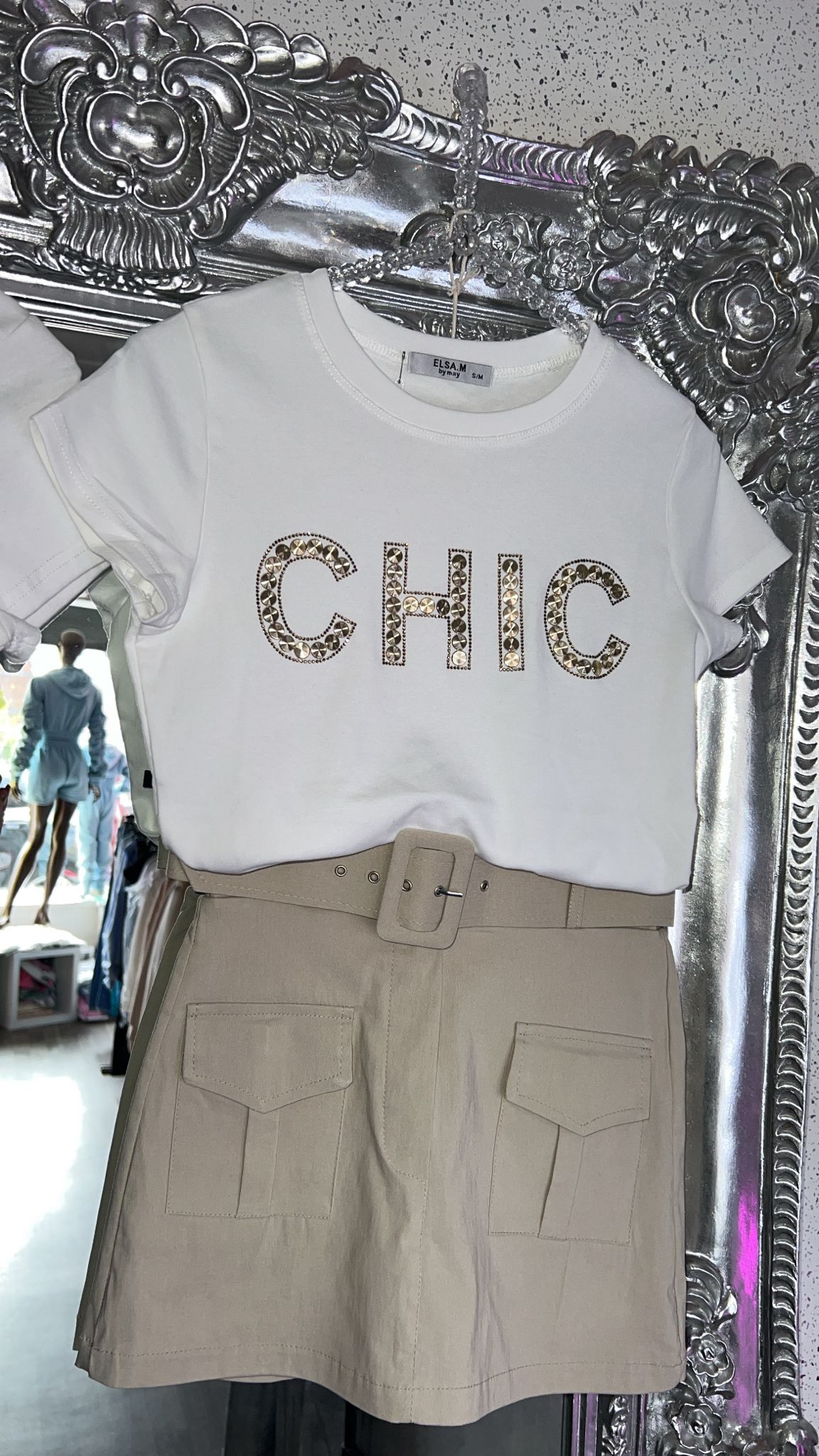 Chic White Graphic Tee Beige Mini Skort With Belt Set